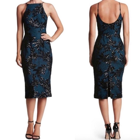 Dress The Population Ashley Sequin High Neck Sleeveless Midi Dress Teal XS - Picture 1 of 13